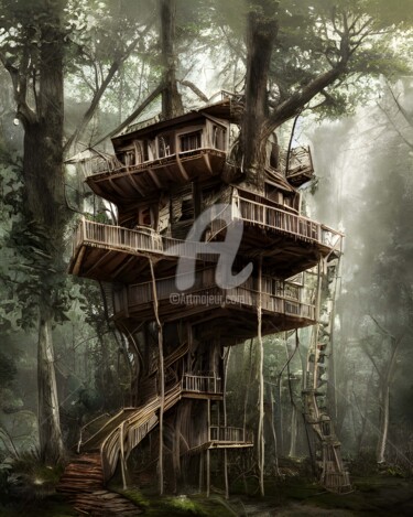 Digital Arts titled "Abandoned treehouse…" by Mina Nakamura, Original Artwork, Digital Painting