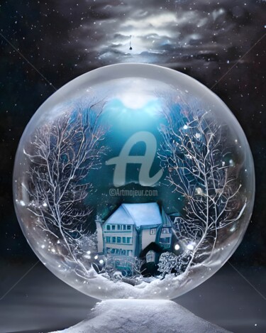Digital Arts titled "Winter house in sno…" by Mina Nakamura, Original Artwork, Digital Painting