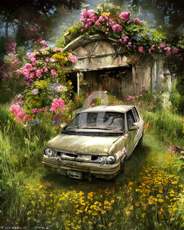 Arte digitale intitolato "Abandoned car in sp…" da Mina Nakamura, Opera d'arte originale, Pittura digitale