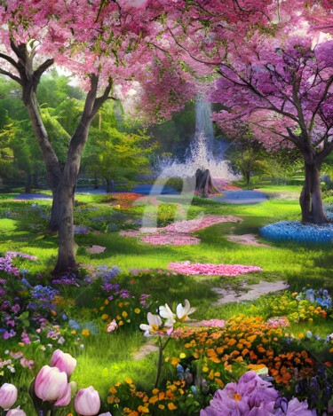 Artes digitais intitulada "Park at spring" por Mina Nakamura, Obras de arte originais, Pintura digital