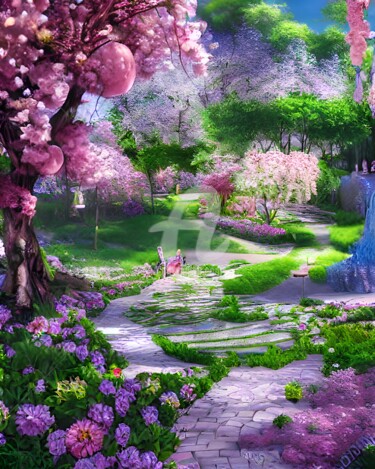 Digital Arts titled "Path in park at spr…" by Mina Nakamura, Original Artwork, Digital Painting