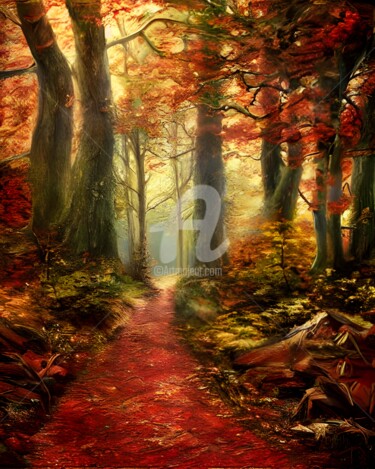 Digital Arts titled "Walkway in autumn f…" by Mina Nakamura, Original Artwork, Digital Painting