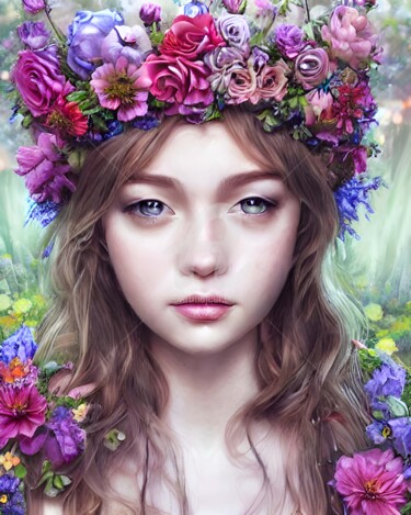 Digital Arts titled "Girl & flower crown" by Mina Nakamura, Original Artwork, Digital Painting