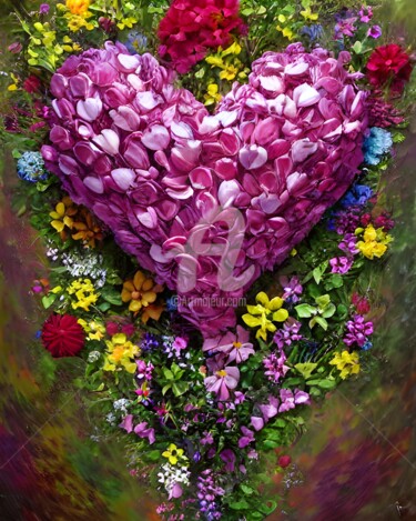 Digital Arts titled "Heart made of petals" by Mina Nakamura, Original Artwork, Digital Painting