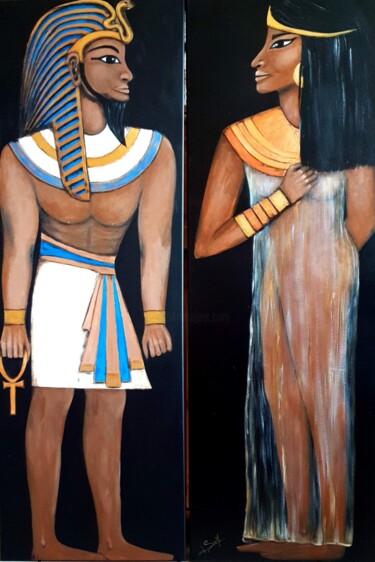 Painting titled "Mes Statues Egyptie…" by Mina Saouti, Original Artwork, Acrylic