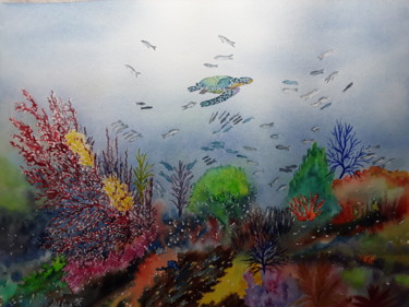 Painting titled "tortue de mer" by Mina Minakoirel, Original Artwork, Watercolor