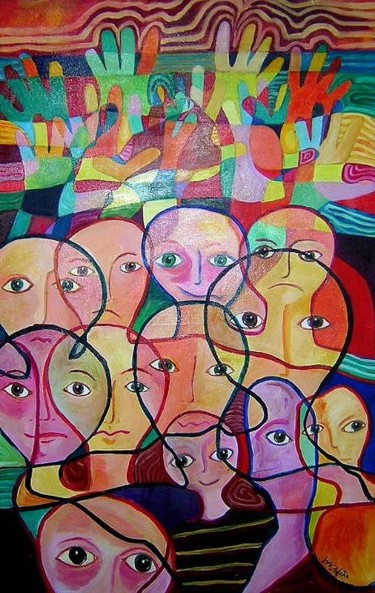 Painting titled "Rostos - Faces" by Graça Leão, Original Artwork, Acrylic Mounted on Wood Stretcher frame