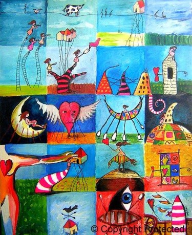 Painting titled "Dificuldades de com…" by Graça Leão, Original Artwork, Collages Mounted on Wood Stretcher frame