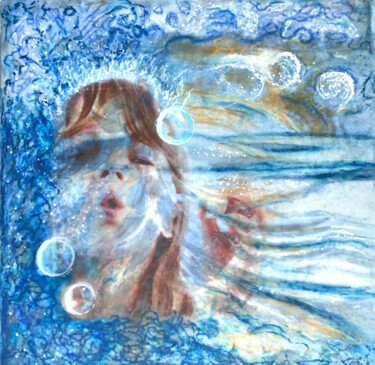 Painting titled "Blowing Bubbles" by Mindy Tillery, Original Artwork, Encaustic Mounted on Cardboard