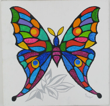 Painting titled "PAPILLON FLORAL" by Minirel, Original Artwork, Oil Mounted on Wood Stretcher frame