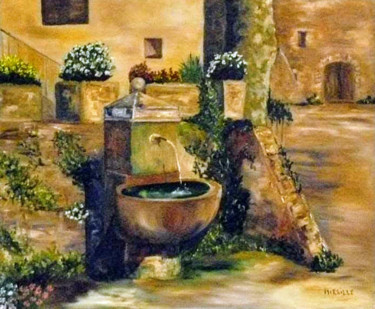 Painting titled "FONTAINE PROVENCALE" by Mireille.S, Original Artwork, Oil Mounted on Wood Stretcher frame