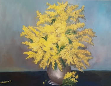 Peinture intitulée "Bouquet de Mimosa" par Mireille.S, Œuvre d'art originale, Huile Monté sur Châssis en bois