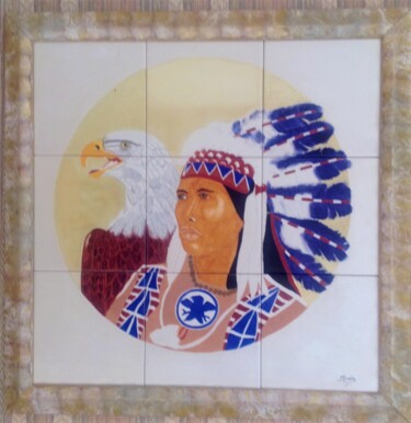 Peinture intitulée "l'indien-et-son-aig…" par Monette O'Neill, Œuvre d'art originale, Autre Monté sur Autre panneau rigide