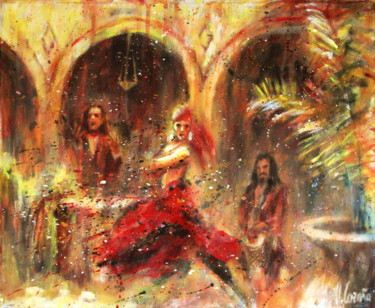 Peinture intitulée "Flamenco en patio a…" par Miquel Cazaña, Œuvre d'art originale, Acrylique