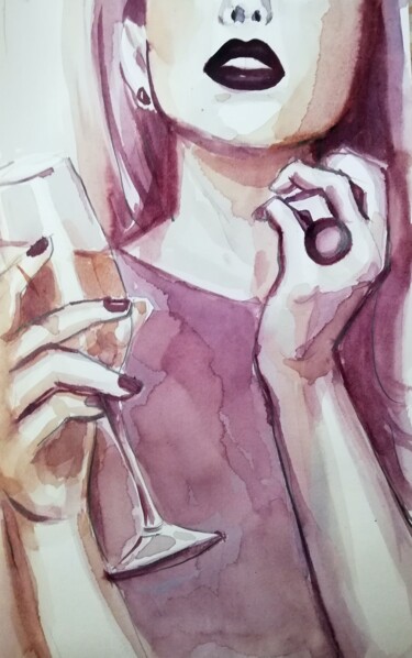 Painting titled "Woman and Wine" by Mira Kovacevic (Wine Artist), Original Artwork, Watercolor