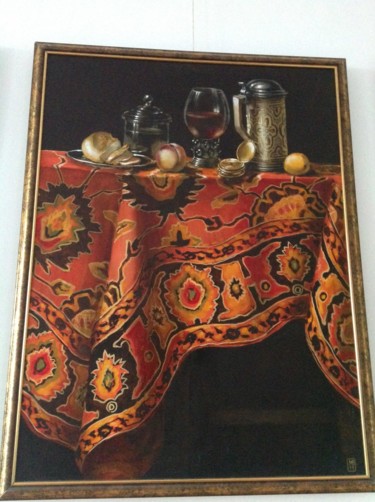 Painting titled "Still life wit wine…" by Mircea Barloiu, Original Artwork, Oil