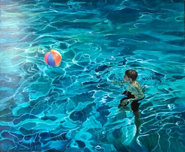 Painting titled "La Piscine" by Mireille Garcin, Original Artwork, Oil