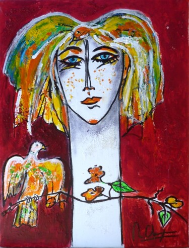 Peinture intitulée "Femme oiseau fonds…" par Mireille Gratier De Saint Louis, Œuvre d'art originale, Huile