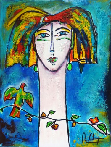Peinture intitulée "femme oiseau sur fo…" par Mireille Gratier De Saint Louis, Œuvre d'art originale