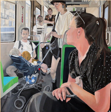 Painting titled "le tram de Nantes" by Mireille Koehl, Original Artwork, Acrylic Mounted on Wood Stretcher frame