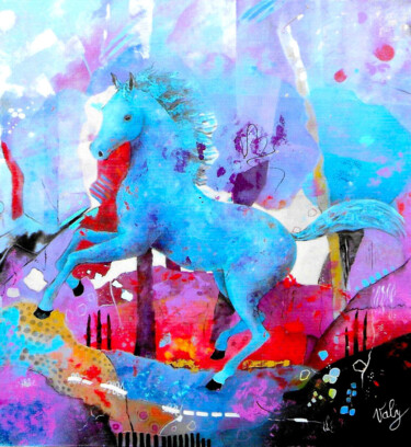 Painting titled "Le cheval bleu" by Mireille Taupin (Valy), Original Artwork, Acrylic Mounted on Wood Stretcher frame