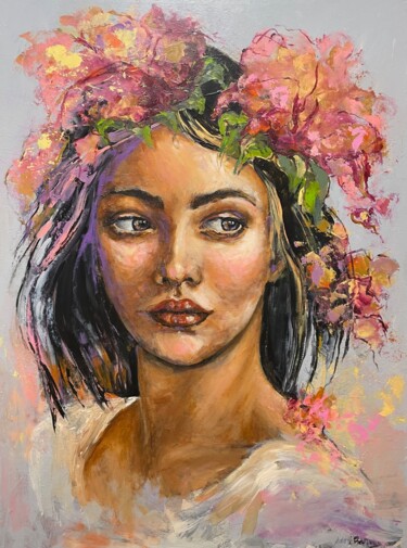 Malerei mit dem Titel "Flowers on my head" von Miri Baruch, Original-Kunstwerk, Acryl