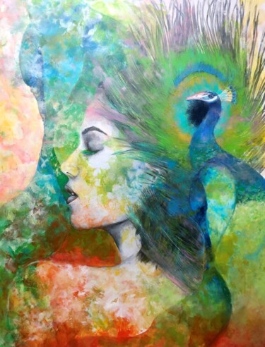Schilderij getiteld "Peacock's friendship" door Miri Baruch, Origineel Kunstwerk, Acryl