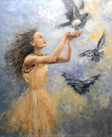 Malerei mit dem Titel "The pigeon's whispe…" von Miri Baruch, Original-Kunstwerk, Acryl