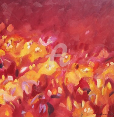 Painting titled "Fleurs, rouge" by Miriam Hartmann, Original Artwork, Oil