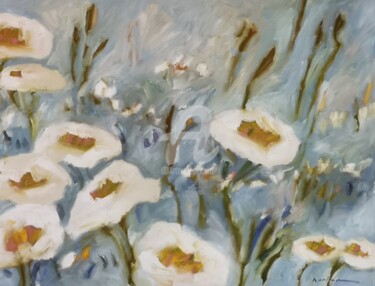 Peinture intitulée "Fleurs, bleu" par Miriam Hartmann, Œuvre d'art originale, Huile