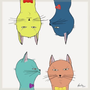 Digital Arts titled "Colorful Cats" by ℳ𝒾𝓇𝒾𝒶𝓃 𝒜𝒷𝓇𝑒𝓊, Original Artwork, Digital Painting