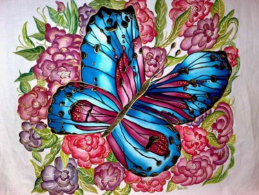 Schilderij getiteld "BUTTERFLY AND FLOWE…" door Mirna Santaroni, Origineel Kunstwerk