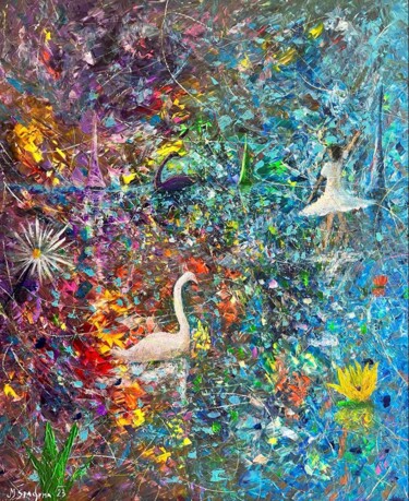 Картина под названием "El lago de los cisn…" - Miroslav Spadrna, Подлинное произведение искусства, Акрил Установлен на Дерев…