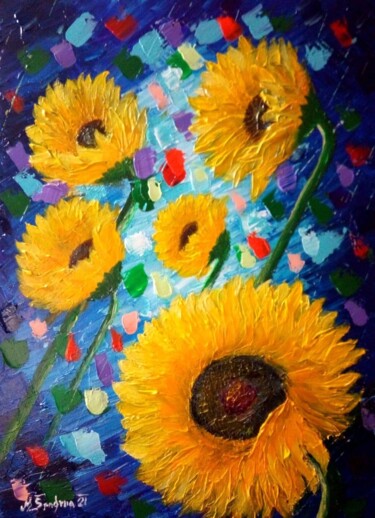 Painting titled "Los girasoles" by Miroslav Spadrna, Original Artwork, Acrylic Mounted on Wood Stretcher frame