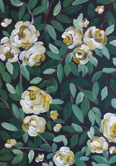 Schilderij getiteld "Yellow roses" door Miroslava Samoshkina, Origineel Kunstwerk, Acryl