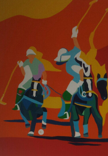Schilderij getiteld "joueurs de polo" door Mirou Navalon, Origineel Kunstwerk, Acryl Gemonteerd op Frame voor houten brancard