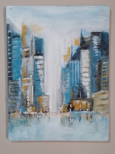 Painting titled "Ciudad" by Mirta Bari, Original Artwork, Oil Mounted on Wood Stretcher frame