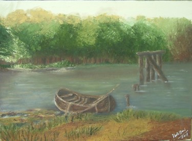 Painting titled "bote-viejo-en-el-ri…" by Mirta Bari, Original Artwork, Oil