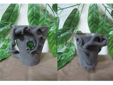 Sculpture titled "Clay cup with glass" by Miša Cajnko, Original Artwork, Ceramics