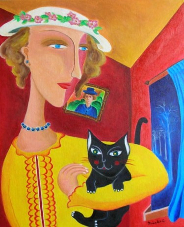 Painting titled "Lady with a Black C…" by Misako Chida, Original Artwork, Oil