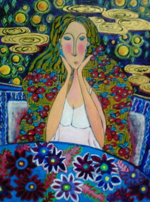 Painting titled "Thinking in Bed" by Misako Chida, Original Artwork, Oil