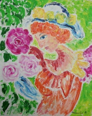 Painting titled "A Lady in Garden" by Misako Chida, Original Artwork, Oil