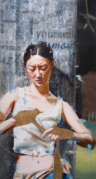Malarstwo zatytułowany „Senshi” autorstwa Simona Zecca, Oryginalna praca, Olej Zamontowany na Drewniana rama noszy