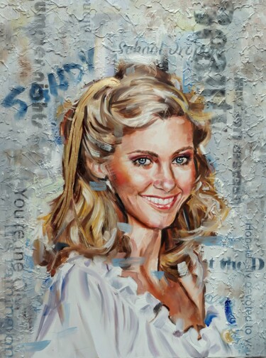 Schilderij getiteld "Olivia Newton-John" door Simona Zecca, Origineel Kunstwerk, Olie Gemonteerd op Frame voor houten branca…