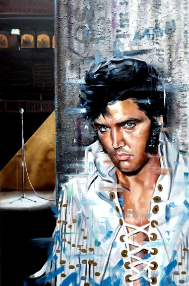 Painting titled "Elvis has left the…" by Simona Zecca, Original Artwork, Oil Mounted on Wood Stretcher frame