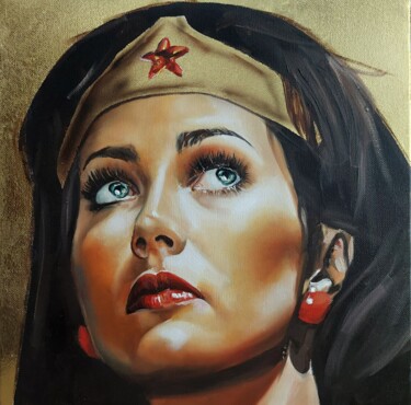 Pintura intitulada "Wonder Woman" por Simona Zecca, Obras de arte originais, Óleo Montado em Armação em madeira