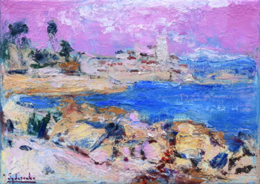 Painting titled "Antibes" by Misha Sydorenko, Original Artwork, Oil Mounted on Wood Stretcher frame