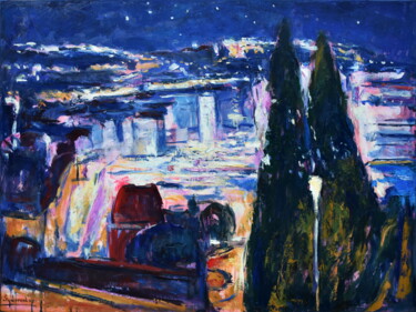 Painting titled "Nocturne. Cannes" by Misha Sydorenko, Original Artwork, Oil Mounted on Wood Stretcher frame