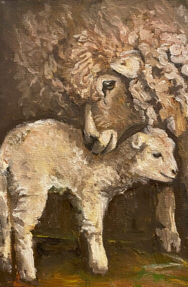 Картина под названием "Mother sheep love" - Mishanina_art, Подлинное произведение искусства, Масло
