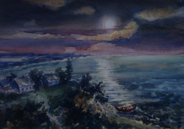 Peinture intitulée "Ночь на Азовском мо…" par Dmitry Lazarev, Œuvre d'art originale, Aquarelle
